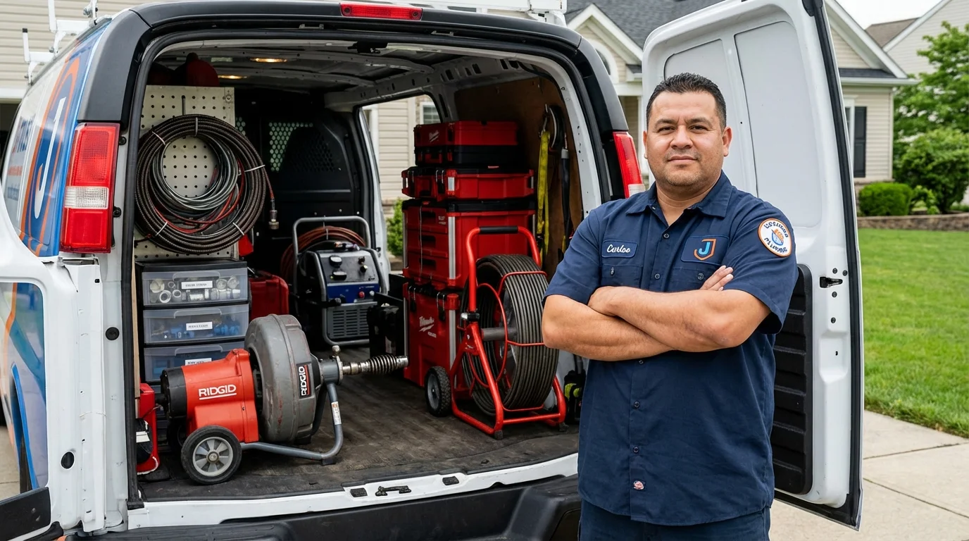 Professional drain cleaning equipment and Johns Plumbing LLC plumber in Krebs