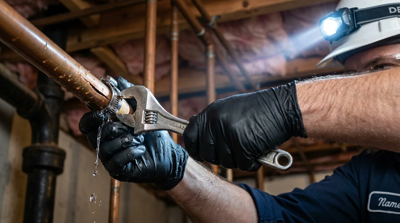 Emergency pipe clamp repair being performed by a Johns Plumbing LLC plumber in Krebs